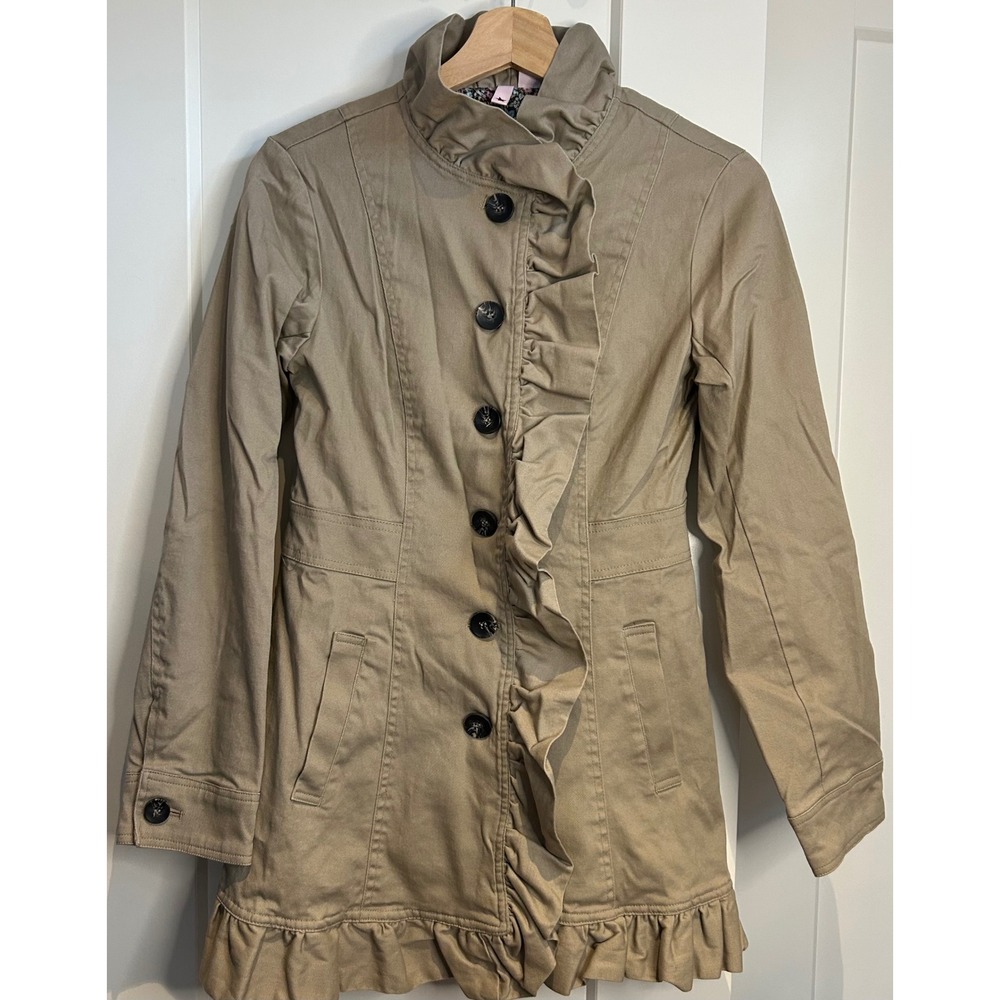 Stella Star‎ Tan Ruffle Button Front Jacket Floral Lined Funnel Neck Tan Medium